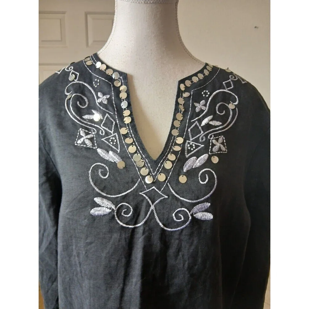 Morgan Cole Womens Blouse Tunic Black Embroidery‎ Sequin V-neck Size XL
